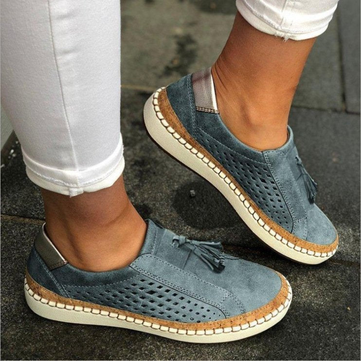 Women's Perforated Slip-On Loafers Tassel Detail Espadrille Flat Shoes