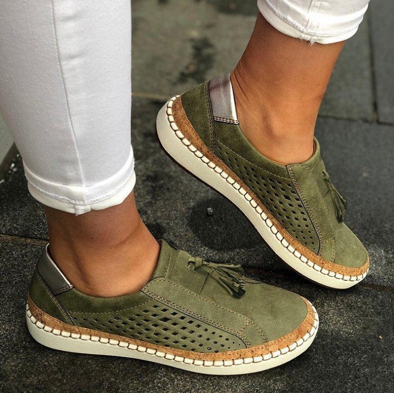 Women's Perforated Slip-On Loafers Tassel Detail Espadrille Flat Shoes