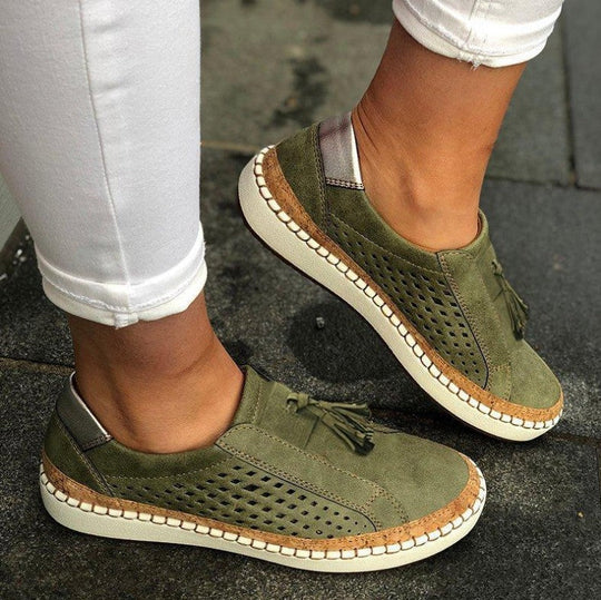 Women's Perforated Slip-On Loafers Tassel Detail Espadrille Flat Shoes