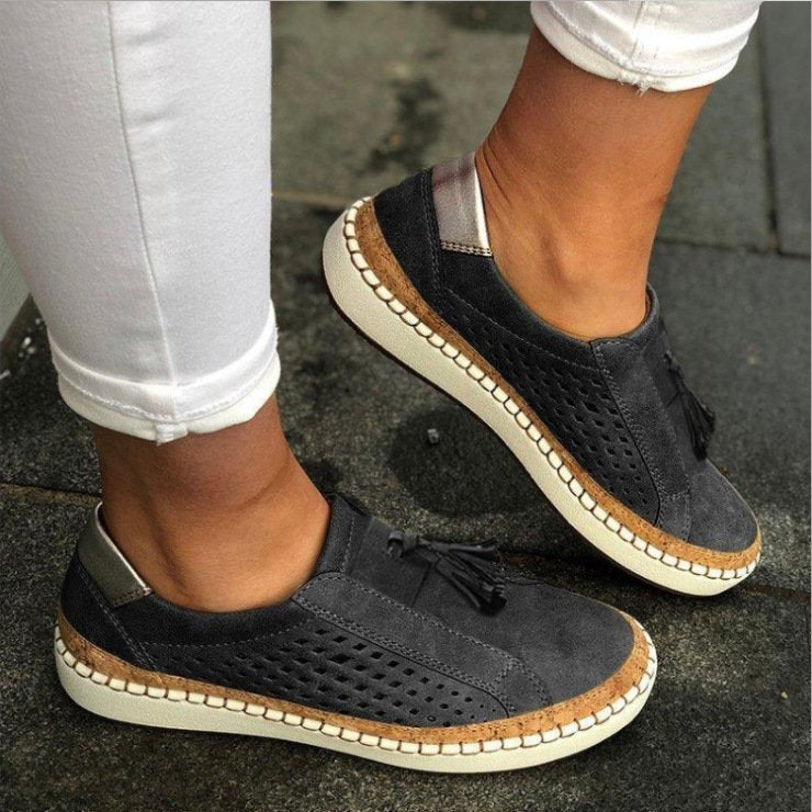 Women's Perforated Slip-On Loafers Tassel Detail Espadrille Flat Shoes