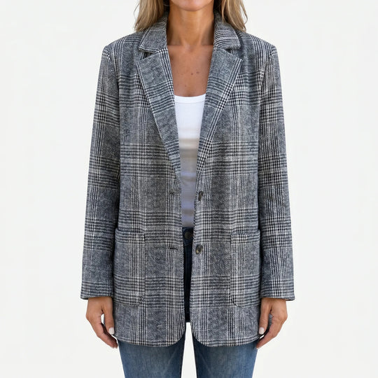 Women's Plaid Blazer Jacket Oversized Longline Notch Lapel