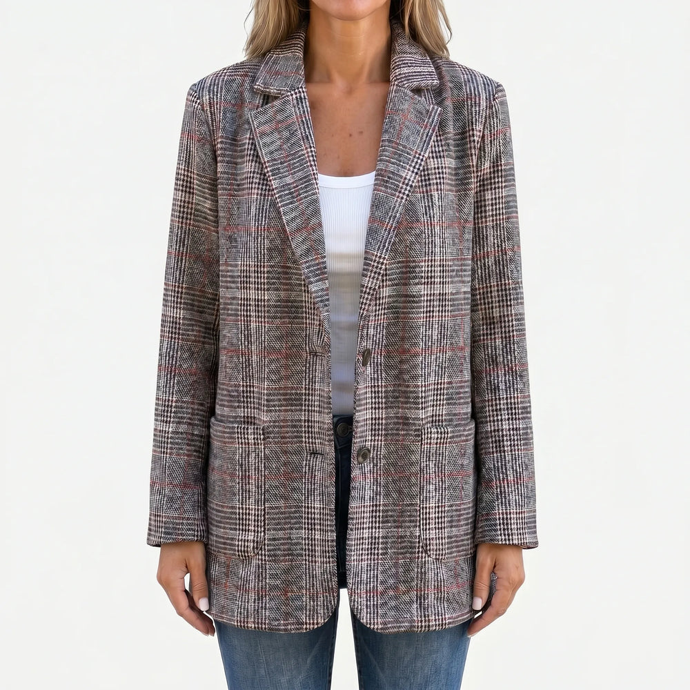 Women's Plaid Blazer Jacket Oversized Longline Notch Lapel