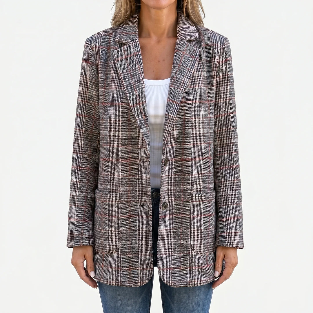 Women's Plaid Blazer Jacket Oversized Longline Notch Lapel