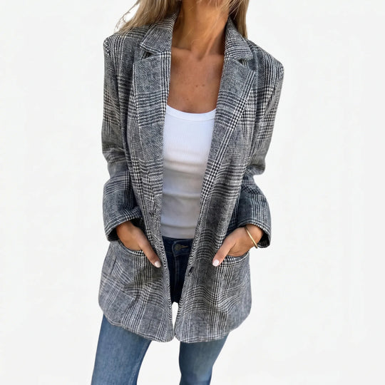 Women's Plaid Blazer Jacket Oversized Longline Notch Lapel