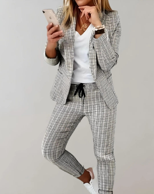 Women's Plaid Check Blazer & Drawstring Trouser Set