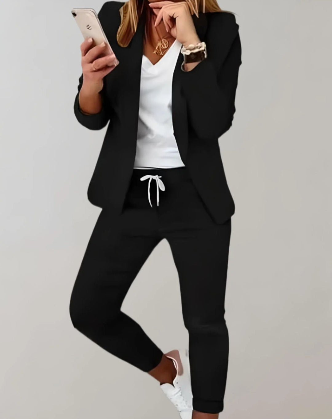 Women's Plaid Check Blazer & Drawstring Trouser Set
