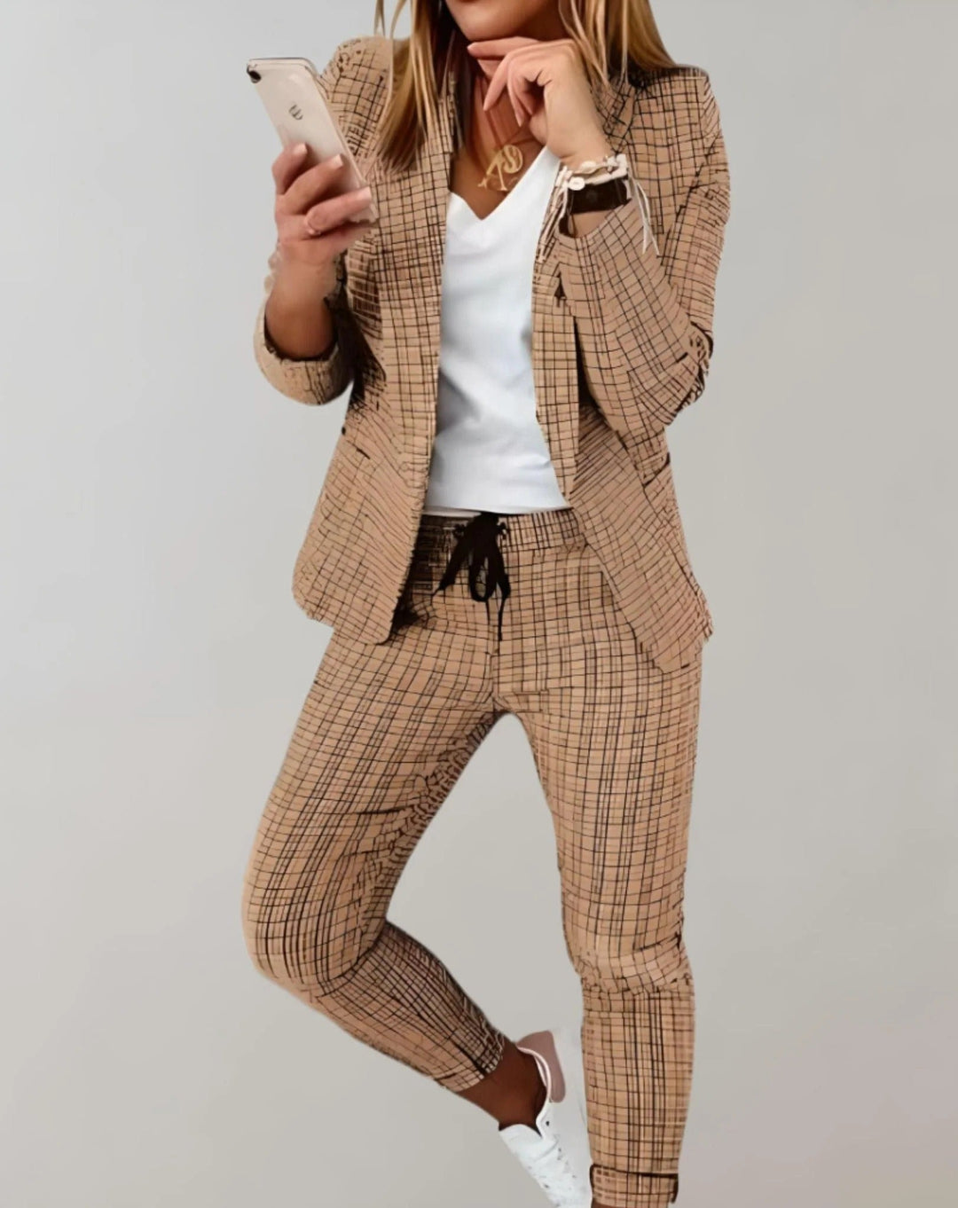 Women's Plaid Check Blazer & Drawstring Trouser Set