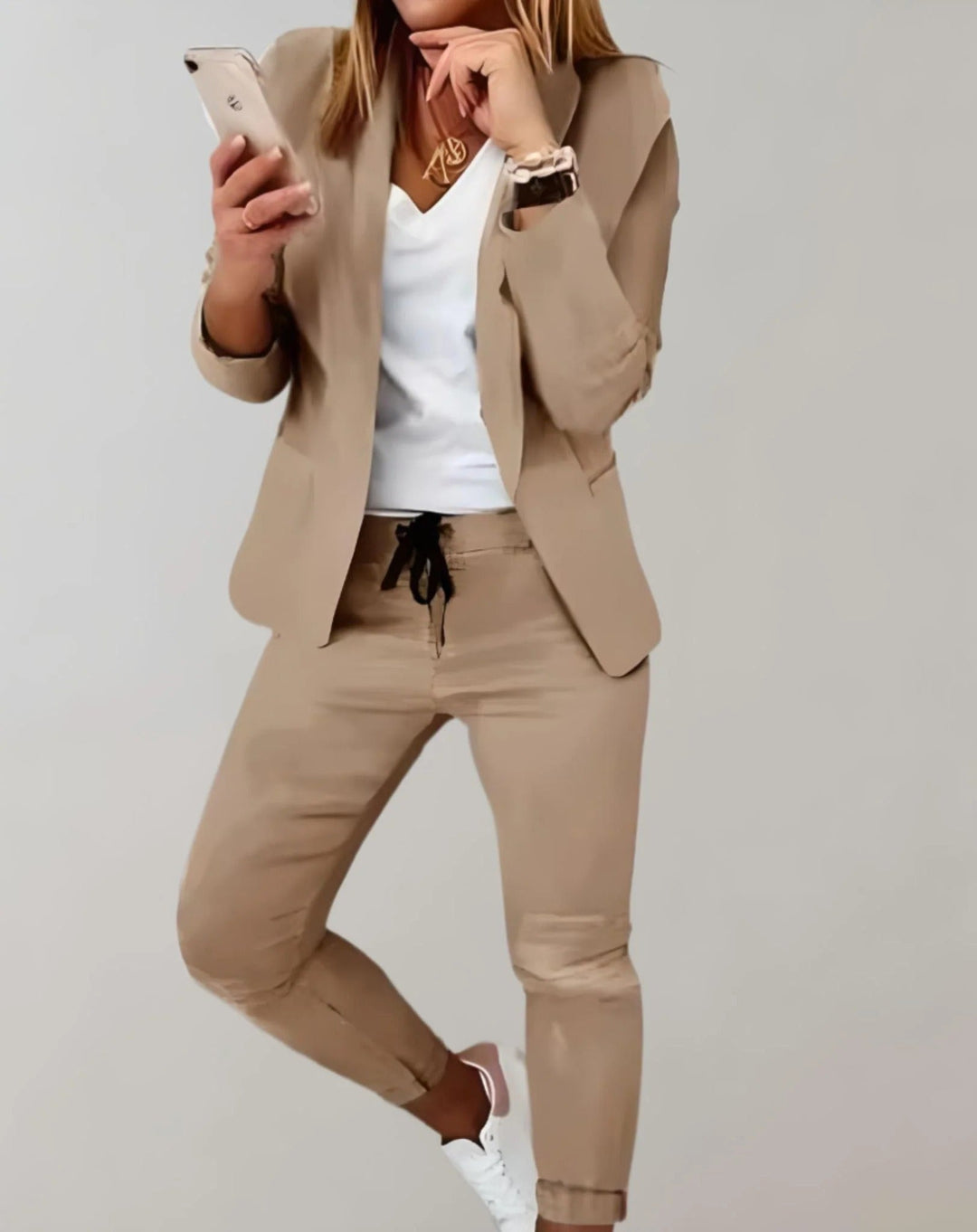 Women's Plaid Check Blazer & Drawstring Trouser Set