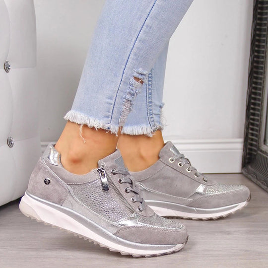 Women's Rhinestone Side-Zip Wedge Sneakers Lace-Up
