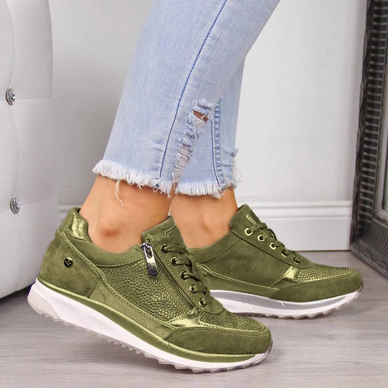 Women's Rhinestone Side-Zip Wedge Sneakers Lace-Up