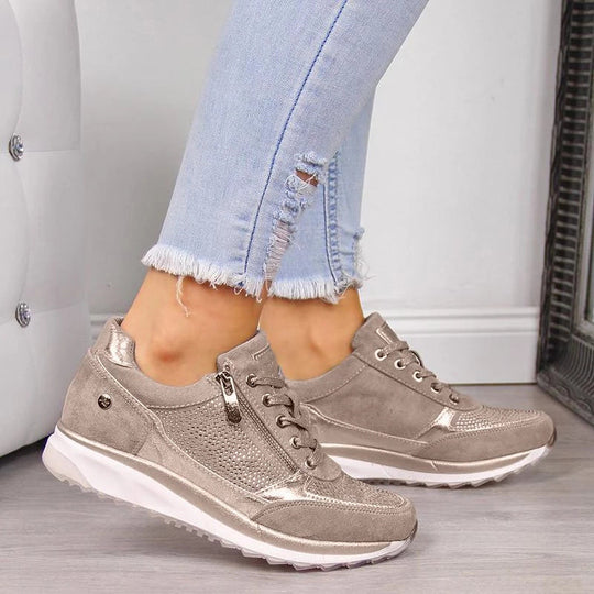 Women's Rhinestone Side-Zip Wedge Sneakers Lace-Up