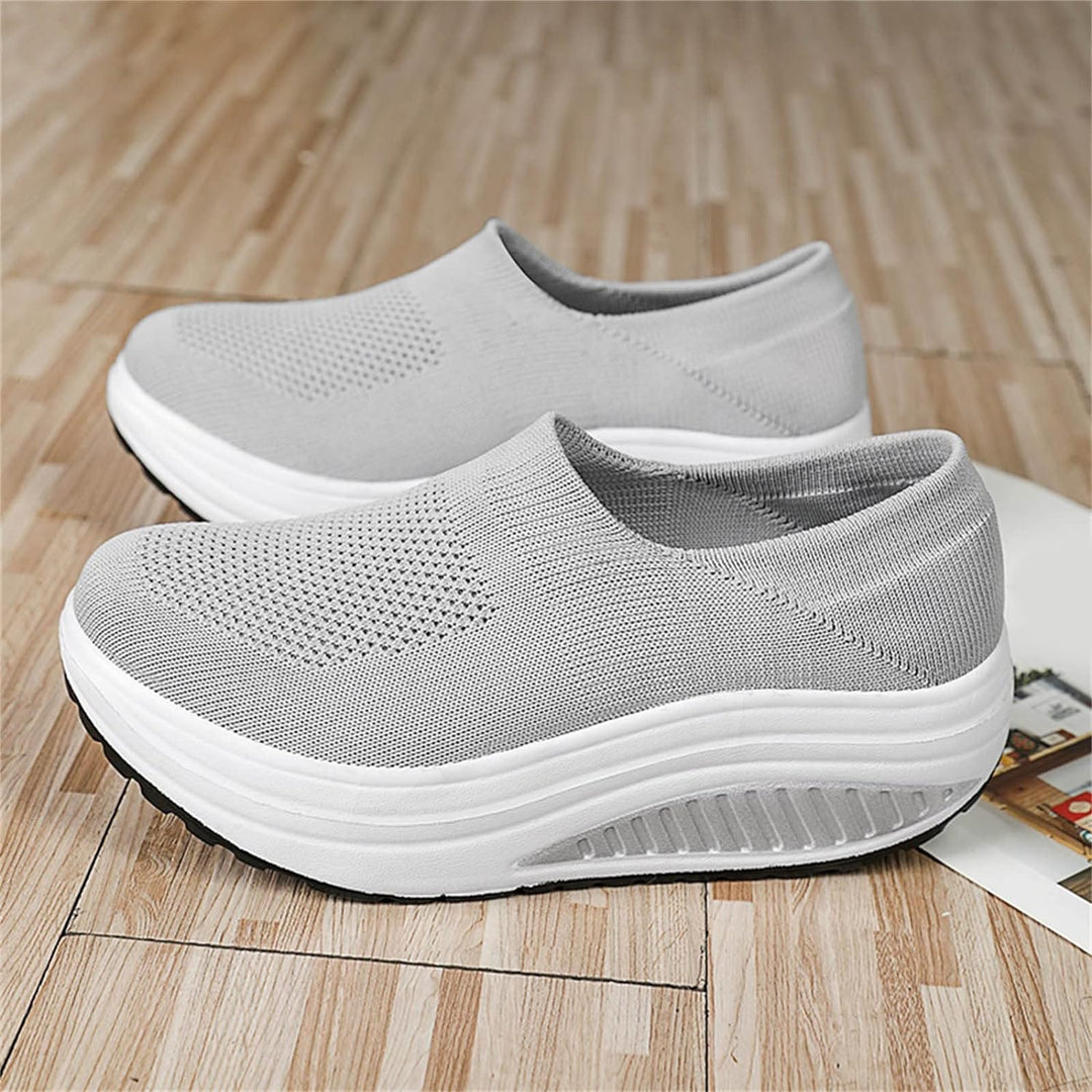 Women's Slip-On Platform Sneakers Knit Mesh Rocker Sole Walking Shoes