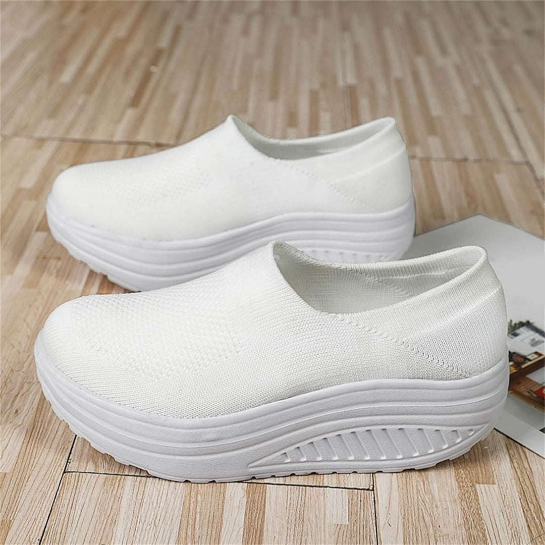 Women's Slip-On Platform Sneakers Knit Mesh Rocker Sole Walking Shoes