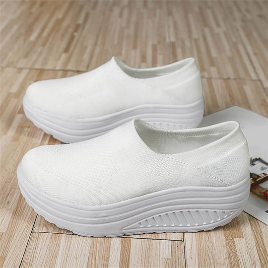 Women's Slip-On Platform Sneakers Knit Mesh Rocker Sole Walking Shoes