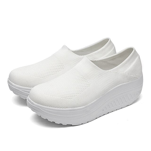 Women's Slip-On Platform Sneakers Knit Mesh Rocker Sole Walking Shoes
