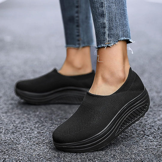 Women's Slip-On Platform Sneakers Knit Mesh Rocker Sole Walking Shoes