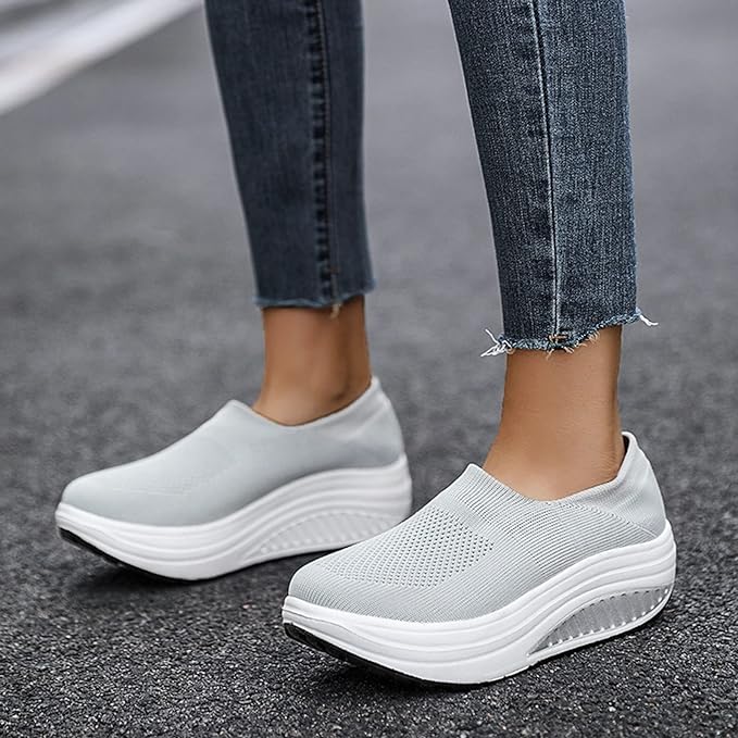 Women's Slip-On Platform Sneakers Knit Mesh Rocker Sole Walking Shoes