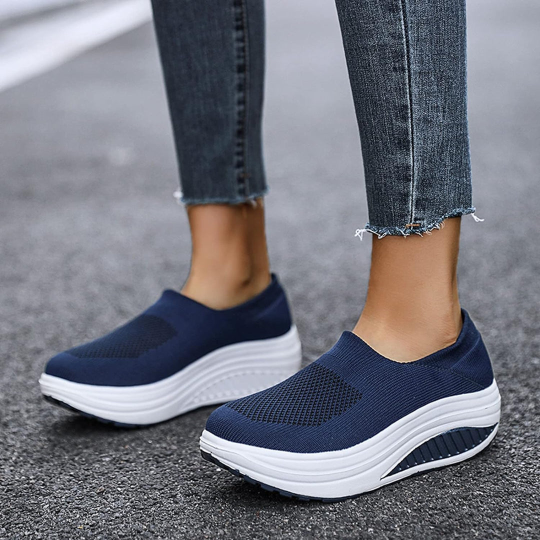 Women's Slip-On Platform Sneakers Knit Mesh Rocker Sole Walking Shoes