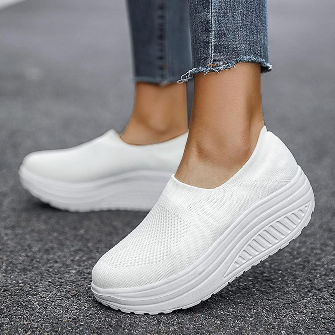 Women's Slip-On Platform Sneakers Knit Mesh Rocker Sole Walking Shoes