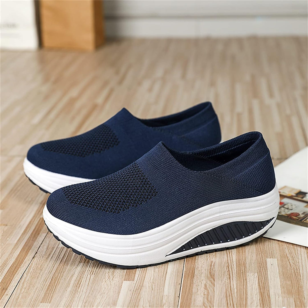 Women's Slip-On Platform Sneakers Knit Mesh Rocker Sole Walking Shoes