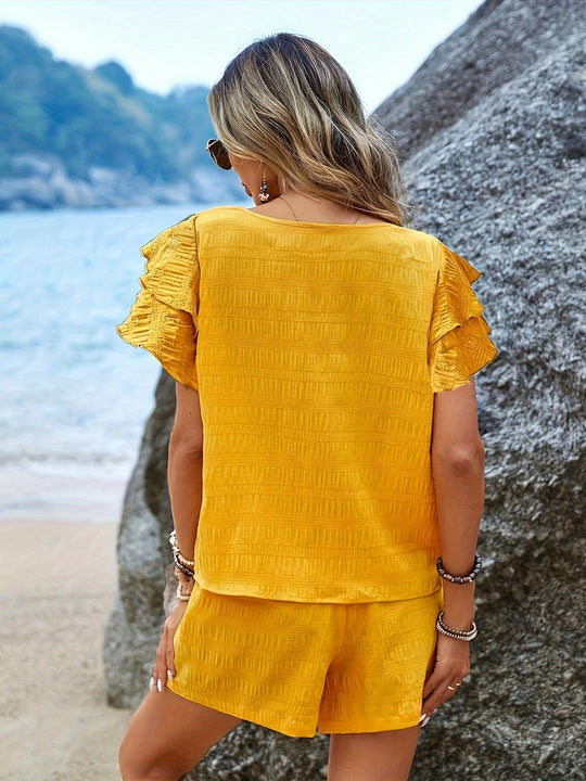 Women's Smocked Ruffle Sleeve Short Set Belted Shorts