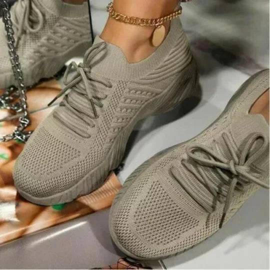 Women's Tonal Knit Lace-Up Running Sneakers Sock Collar Chunky Sole