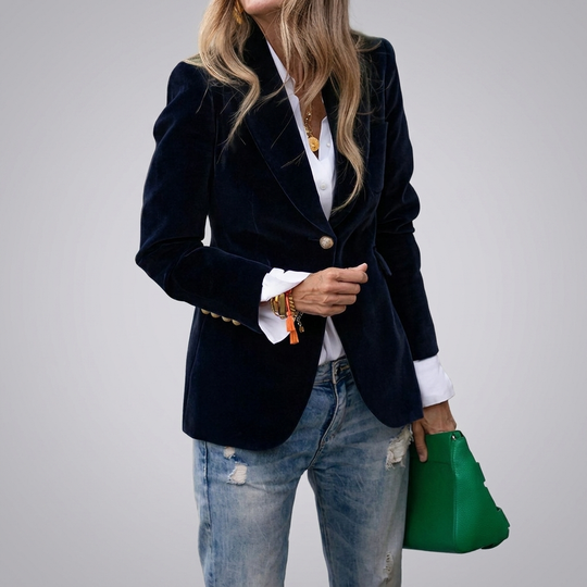 Women's Velvet Blazer Jacket Single Button Gold Hardware Peak Lapel