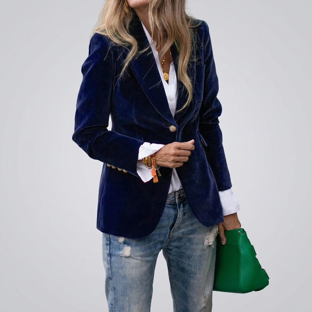Women's Velvet Blazer Jacket Single Button Gold Hardware Peak Lapel