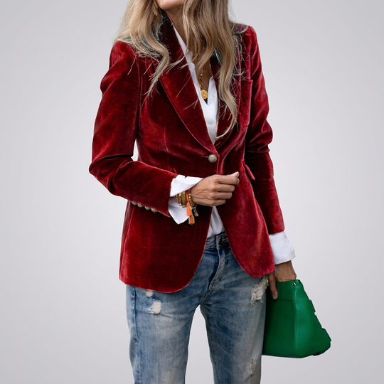Women's Velvet Blazer Jacket Single Button Gold Hardware Peak Lapel