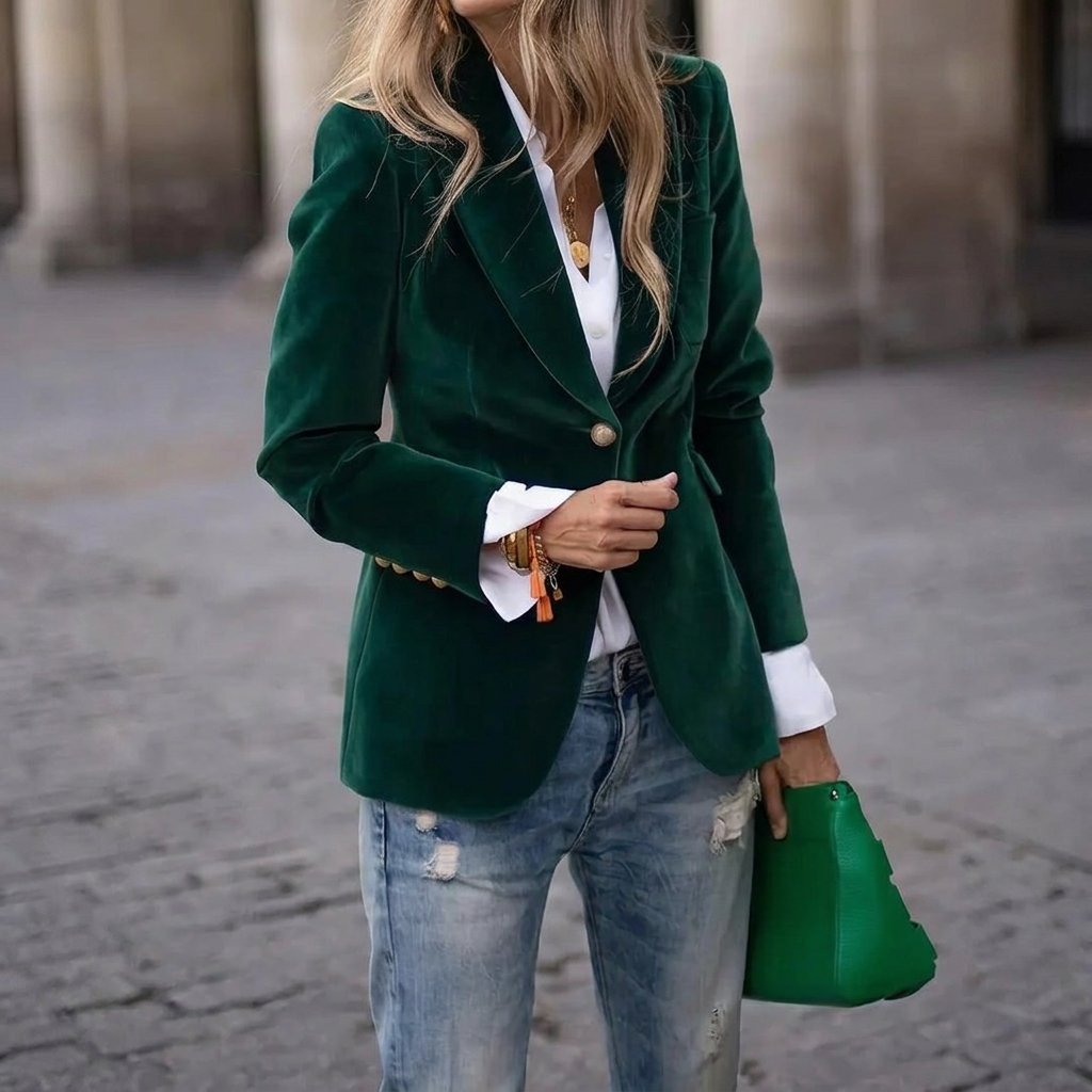 Women's Velvet Blazer Jacket Single Button Gold Hardware Peak Lapel