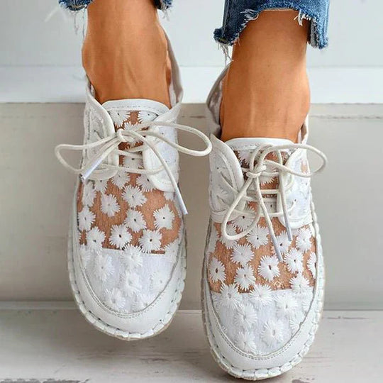 Women's White Floral Embroidered Lace-Up Espadrille Flat