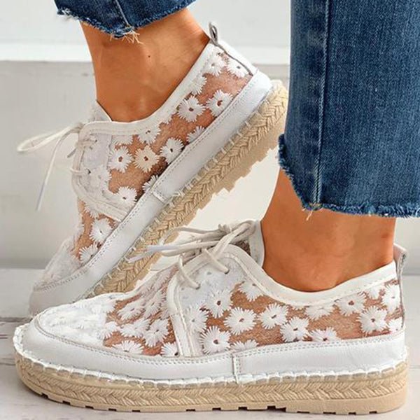 Women's White Floral Embroidered Lace-Up Espadrille Flat