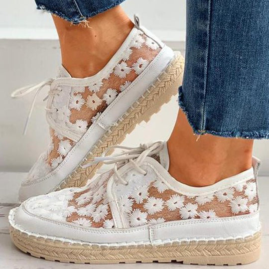 Women's White Floral Embroidered Lace-Up Espadrille Flat