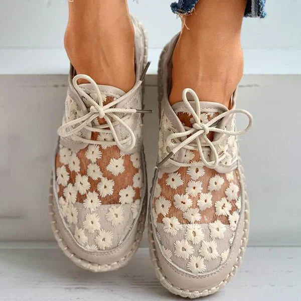 Women's White Floral Embroidered Lace-Up Espadrille Flat